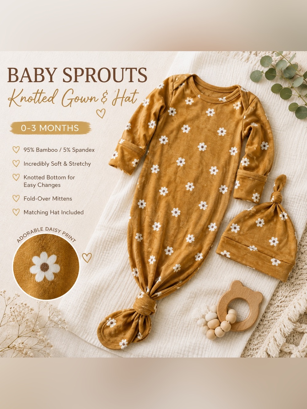 Mustard Daisy Knotted Gown & Hat - Newborn Sleep Set